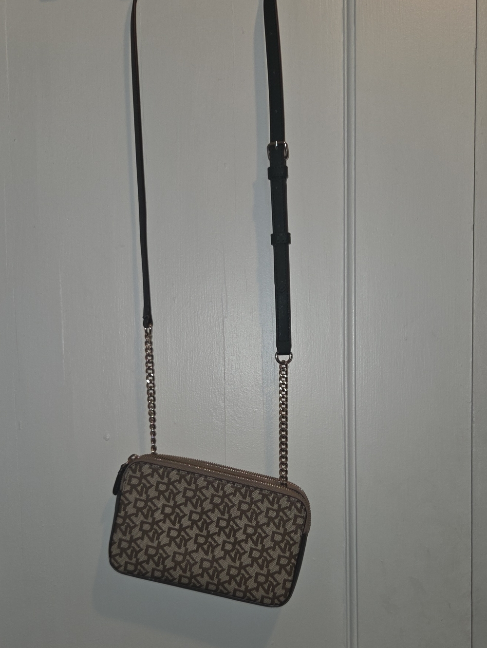 DKNY Beige Logo Monogram Crossbody Bag with Chain Strap